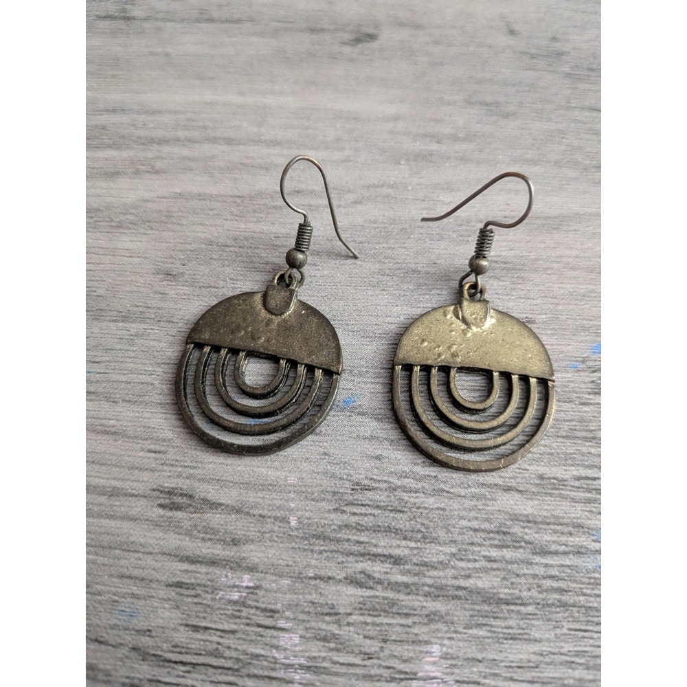 Vintage Bronze Tone Geometric Drop Earrings Boho Concentric Ring Dangle